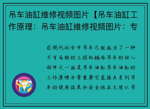 吊车油缸维修视频图片【吊车油缸工作原理：吊车油缸维修视频图片：专业教学，轻松学习】