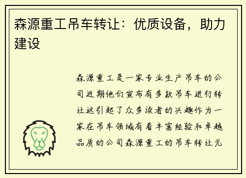 森源重工吊车转让：优质设备，助力建设