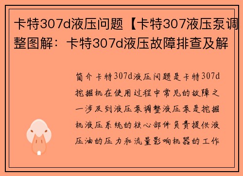 卡特307d液压问题【卡特307液压泵调整图解：卡特307d液压故障排查及解决方案】